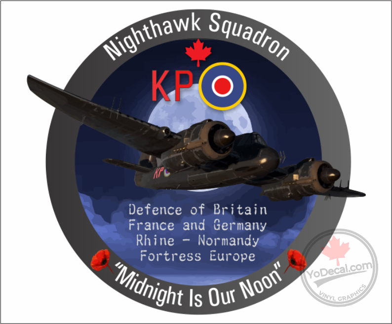 'RCAF 409 Nighthawk Sqn Midnight Is Our Noon WWII KP Beaufighter' Premium Vinyl Decal Sticker