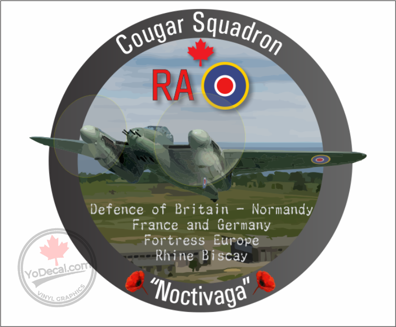 'RCAF 410 Cougar Sqn Noctivaga WWII RA Roundel Mosquito' Premium Vinyl Decal Sticker