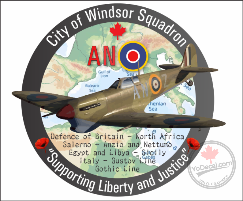 'RCAF 417 City of Windsor Sqn WWII AN Spitfire Supporting Liberty and Justice' Premium Vinyl Decal Sticker