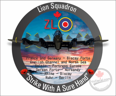 'RCAF 427 Lion Sqn WWII ZL Lancaster Strike With a Sure Hand' Premium Vinyl Decal Sticker