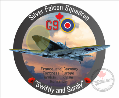 'RCAF 430 Silver Falcon Sqn WWII G9 Spitfire Swiftly and Surely' Premium Vinyl Decal Sticker